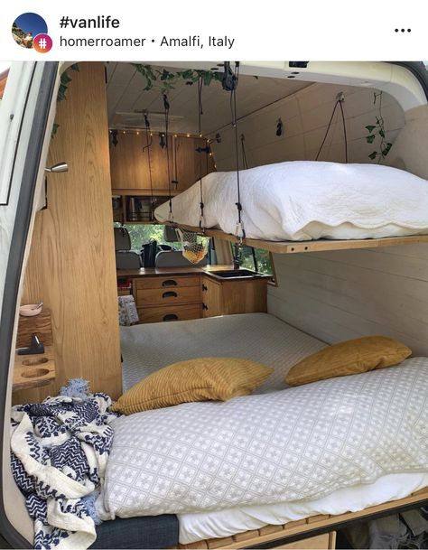 Ropes are parachute cords that hold up to 500lbs, the roof would collapse before the cord breaks! #vanlife #diy #tinyhouse #tinyhome #travel #traveltips #home #homedecor #bedroom #bedroomideas Camper Transformation, Vanlife Diy, Converted Van, Bus Living, Kombi Home, Van Conversion Interior, Bus House, Hanging Bed, Van Life Diy