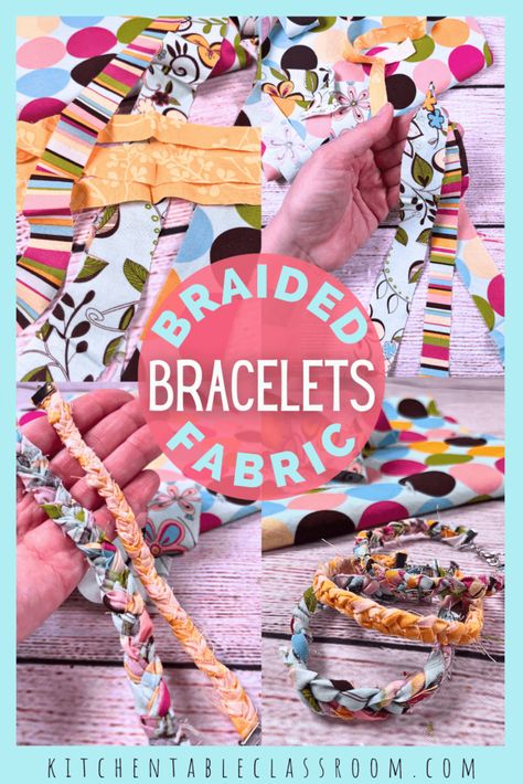 These braided bracelets are made from up-cycled fabric scraps. Upcycling, How To Make Fabric Bracelets, Scrap Bracelet, Fabric Bracelets Diy, Diy Braided Bracelet, Braided Bracelet Diy, Diy Fabric Jewellery, Button Bouquet, Scrap Fabric Crafts