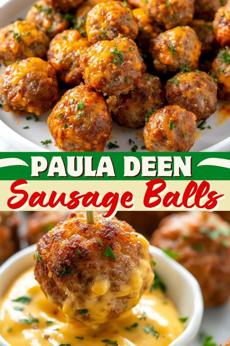 These Paula Deen sausage balls are a must for any party! Full of savory meat and sharp cheese, you'll want to devour them. Freezing Sausage Balls, Ranch Sausage Balls, Paula Dean Sausage Balls, Sausage Biscuit Balls, Stove Top Stuffing And Sausage Balls, Sausage Ball Appetizers, Deep Fried Sausage Balls, Stove Top Sausage Balls, Sausage Stuffing Balls Recipe