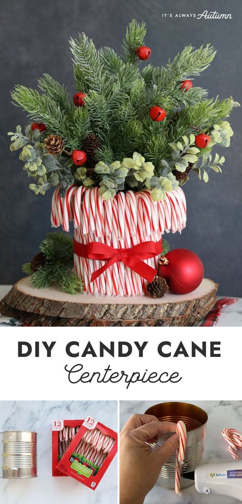 Christmas Table Decorations Diy Centerpieces Candy Canes, Natal, Fyi Christmas Decorations, Candy Cane Centerpiece, Candy Cane Craft, Easy Diy Candy, Diy Candy Cane, Christmas Decorating Hacks, Candy Cane Crafts