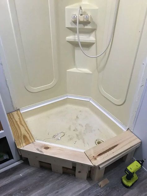 Complete DIY RV Shower Remodel for Under $300￼ Diy Camper Remodel Bathroom, Camper Bathroom Shower Remodel, Remodeled Rv Bathrooms, Replacing Shower In Camper, Rv Camper Bathroom Remodel, Fifth Wheel Shower Remodel, Remodeled Rv Showers, Travel Trailer Bathroom Remodel Diy, Green Rv Bathroom