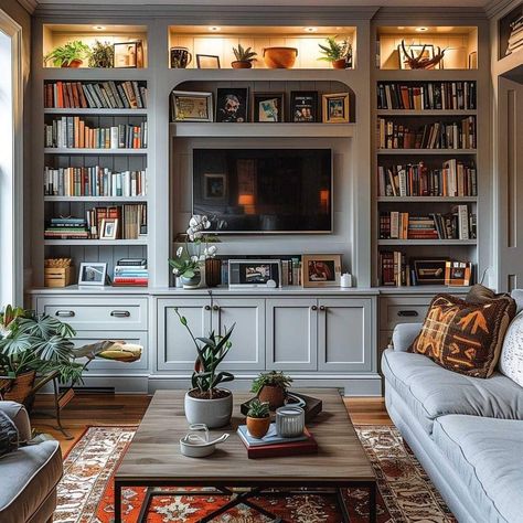 Bookshelves In Living Room With Tv, Living Room With Tv, Bookshelf Designs, Room With Tv, All About Books, Cozy Home Library, Gray Living Room, Library Living Room, Snug Room