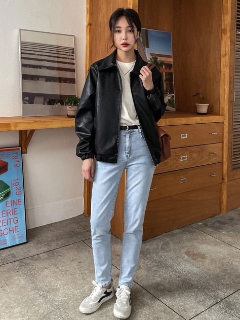 DAZY Slant Pockets PU Leather Jacket | SHEIN USA Leather Jacket Korean Outfit, Outfit Jaket Kulit, Normal Outfits, Seoul Style, Black Leather Blazer, Jacket Outfit Women, Outfits Vintage, Outfit Korean, Office Casual Outfit