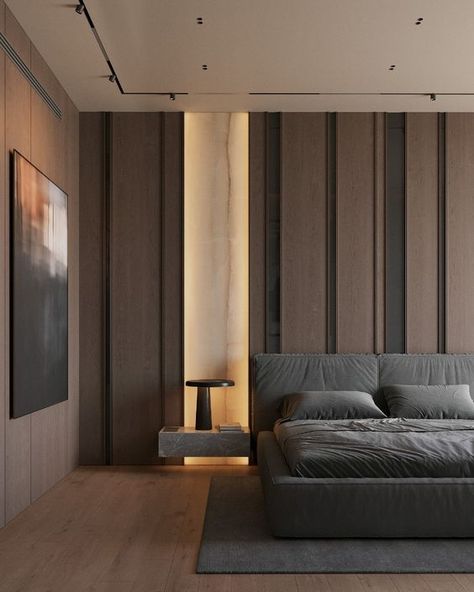 Discover the sophisticated elegance of this master bedroom designed by SENCE ARCHITECTS. Featuring sleek wooden panels, modern lighting, and a minimalist aesthetic, this space embodies contemporary interior design. Perfect for those seeking inspiration for a stylish and serene retreat. Contemporary Panelling, Modern Headboard Design, Contemporary Minimalist Bedroom, Contemporary Minimalist Interior, Contemporary Bedroom Interior Design, Modern Industrial Bedroom, Modern Contemporary Interior Design, Bedroom Design Modern, Bed Back Design