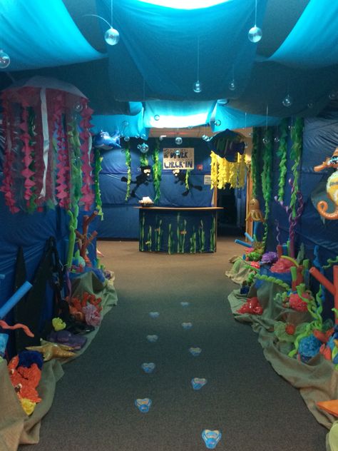 Vbs Ocean Theme, Submerged Vbs, Ocean Vbs, Hallway Decorations, Ocean Commotion, Studio Booth, Underwater Party, Under The Sea Decorations, Shark Tail