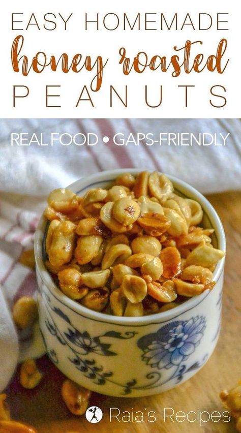 Love honey roasted peanuts, but not the unhealthy ingredients in the store-bought ones? These easy, Real Food Homemade Honey Roasted Peanuts are sure to be a sweet hit. Roasted Peanuts Recipe, Squash Custard, Gaps Intro Diet, Gaps Intro, Sugar Free Honey, Honey Roasted Peanuts, Peanut Recipes, Food Homemade, Nut Recipes