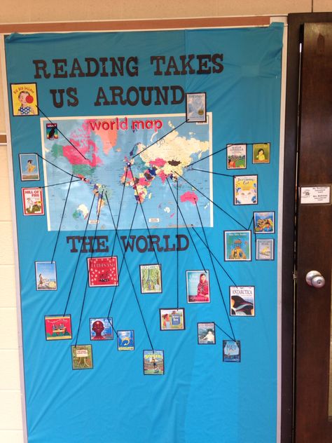 Reading takes us around the board- new bulletin board I did! World Book Day Display Boards, Primary Library Ideas, Reading Takes You Places Bulletin Board, Reading Takes You Places, Book Bulletin Board Ideas, Reading Corner School, Map Bulletin Board, Library Bulletin Board Ideas, Public Library Programs