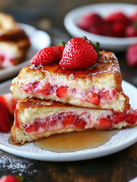 Strawberry Cheesecake Stuffed French Toast   🍓 𝗜𝗻𝗴𝗿𝗲𝗱𝗶𝗲𝗻𝘁𝘀  🍓  For the Filling: 8 oz cream cheese, softened 1/4 cup powdered sugar 1 tsp vanilla extract 1 cup diced strawberries For the French Toast: 8 slices thick-cut bread 4 large eggs 1 cup milk 1 tsp vanilla extract 1/2 tsp ground cinnamon Butter, for frying For Serving: Maple syrup Additional diced strawberries Optional: Powdered sugar Dessert Toast, Cheesecake Stuffed French Toast, Diced Strawberries, Stuffed French Toast Recipe, Cheesecake French Toast, Stuffed French Toast Cream Cheese, French Toast Ingredients, Yogurt Dessert, Stuffed French Toast