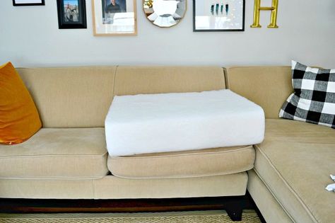 How to quickly and easily fix sagging sofa cushions with new foam. Genius! chatfieldcourt.com Replacement Couch Cushions, Fix Sagging Couch, Couch Repair, Couch Seats, Foam Sofa, Reupholster Chair, Couch Cushion Covers, Diy Couch, Sofa Cushions