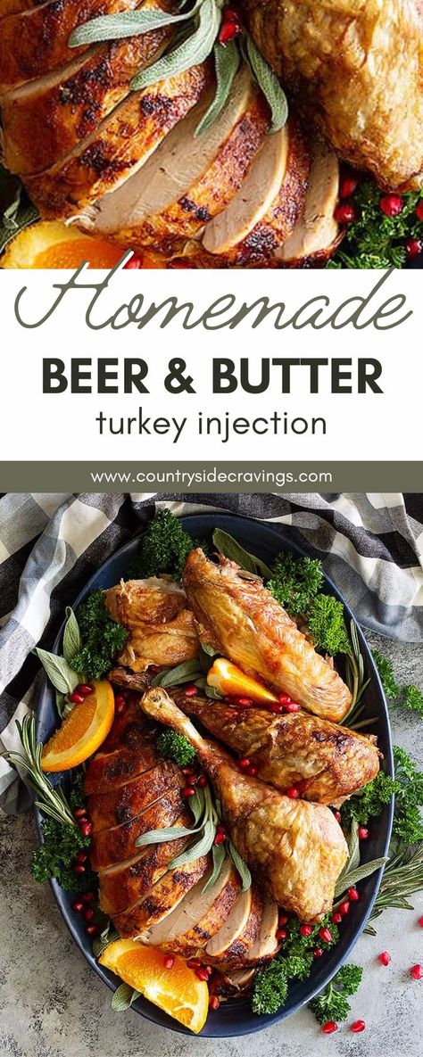 Beer Can Turkey Oven, Flavorful Turkey Thanksgiving, Turkey Injection Butter, Injecting A Turkey With Butter, Turkey Dinners Thanksgiving, Butter Infused Turkey, Turkey Filling Recipes, Beer Brined Turkey, Flavor Injector Recipes Turkey