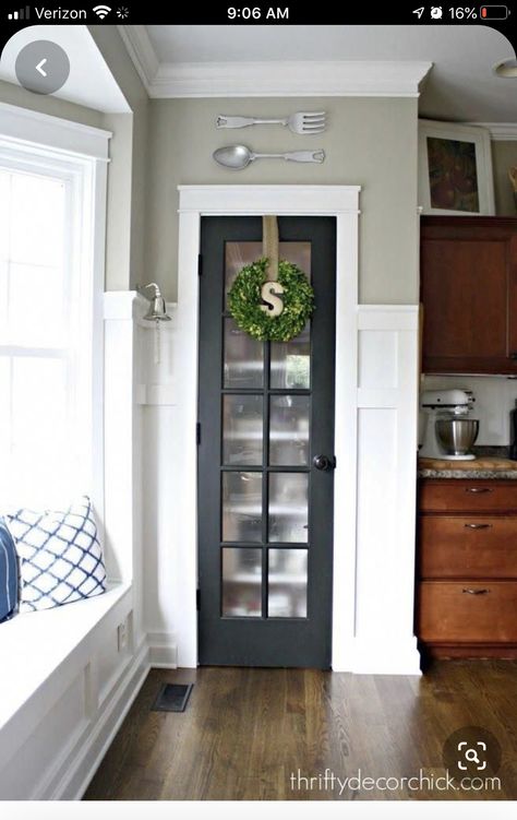 Pantry Door Decor, Painted Pantry Doors, Frosted Glass Pantry Door, Cottage Doors, Narrow Pantry, Pantry Door Ideas, Small Kitchen Pantry, Kitchen Pantry Doors, Glass Pantry Door