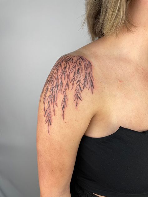 Willow Tree Hip Tattoo, Shawl Tattoo, Willow Shoulder Tattoo, American Traditional Willow Tree Tattoo, Willow Tree Symbol, Tattoos For Great Grandparents, Willow Tree Tattoo Sleeve, Branch Tattoo Shoulder, Wheeling Willow Tree Tattoo