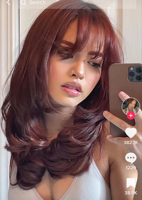 Reddish Burgundy Hair, Outfits For Cherry Red Hair, Pameluhrose Hair, Black Hair Layers Short, Curtain Haircut Women, Villain Era Hair, Medium Length Hair Plus Size, Copper Balayage Curtain Bangs, Layered Burgundy Hair