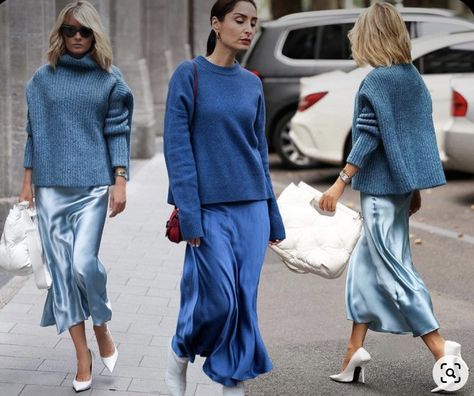 Blue Skirt Outfit Winter, Gold Satin Skirt Outfit, Knit Mini Skirt Outfit, Blue Silk Skirt Outfit, Slip Dress With Sweater, Blue Monochromatic Outfit, Gold Satin Skirt, Blue Skirt Outfit, Skirt Outfit Winter