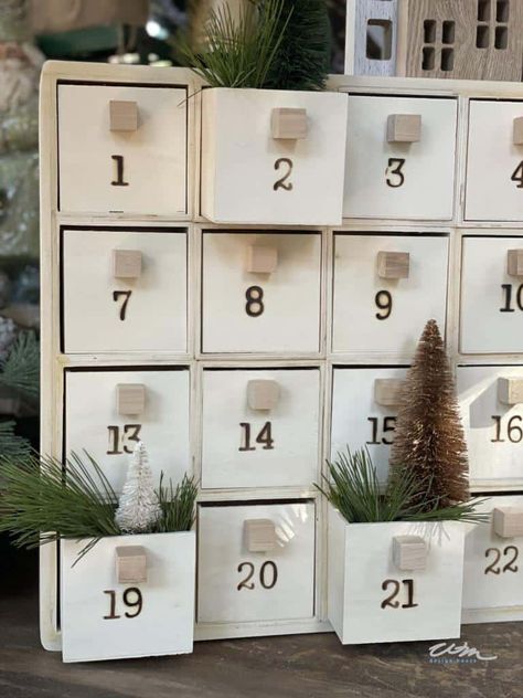 Easy and fun DIY Advent Calendar boxes: Christmas in July Wooden Box Advent Calendar, Wooden House Advent Calendar, Wood Advent Calendar, Homemade Advent Calendars, Advent Calendar Boxes, Advent Box, Chocolate Advent Calendar, Wooden Advent Calendar, Advent For Kids