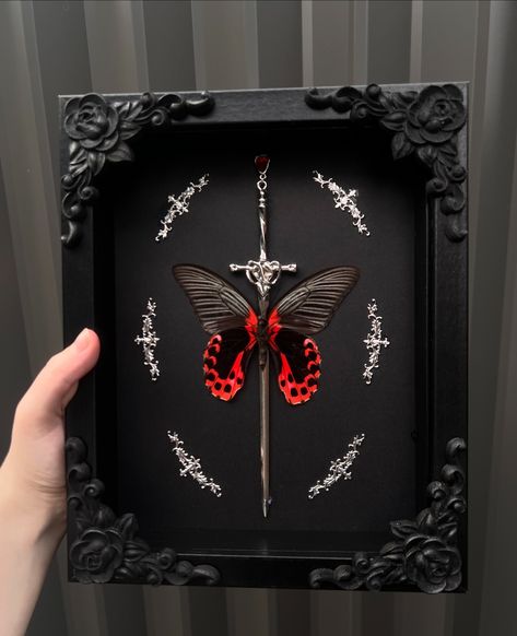 Since the first one I made of these became so popular, I decided to make two more, which are now available on my site! Grab them while you can 😊🖤❤️ . . . #smallbusiness #art #artist #handmade #butterfly #insect #butterflies #insects #entomology #goth #gothic #gothicart #taxidermy #oddity #oddities #curio #curios #curiosities #odditiesandcuriosities #shadowbox #red #black #sword #aesthetic #gothaesthetic #crowcore Insect Taxidermy Art, Bug Pinning Display, Dry Terrarium, Faux Taxidermy Diy, Bat Taxidermy, Butterfly Taxidermy Art, Oddities Art, Moth Taxidermy, Taxidermy Diy