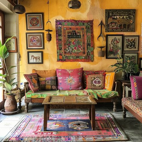 Indian Eclectic Interiors, Rustic Indian Home Decor, India Home Decor Ideas Indian Style, South Asian Inspired Home Decor, Indian Colonial Decor, Indian Rental Home Decor, American Bedroom Ideas, Indian Interior Decor, Indian Traditional Interior