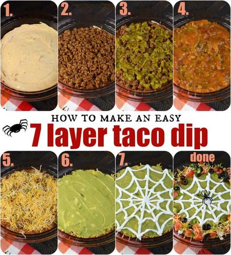 Appetizer Halloween, Layer Taco Dip, 7 Layer Taco Dip, Halloween Dip, Halloween Potluck, Taco Dip Recipe, Layered Taco Dip, Halloween Party Appetizers, Halloween Food Appetizers