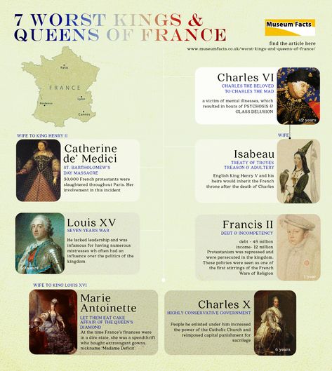 From “Charles the mad” to the downright “wicked Catherine de’ Medici”. The French monarchy certainly saw some of the worst kings and queens of France. These French monarchs were disastrous for their subjects and the Kingdom of France. Let’s take a look at the worst French kings and queens of all time. #History #France #AncientHistory #King #Royal kings #King Henry #King Charles #Marie Antoinette #Queens #HistoryFacts #Historyinpictures #Infographics French Monarchy, Catherine De Medici, Ancient History Facts, True Interesting Facts, Kings And Queens, History Timeline, French History, King Henry, History Facts