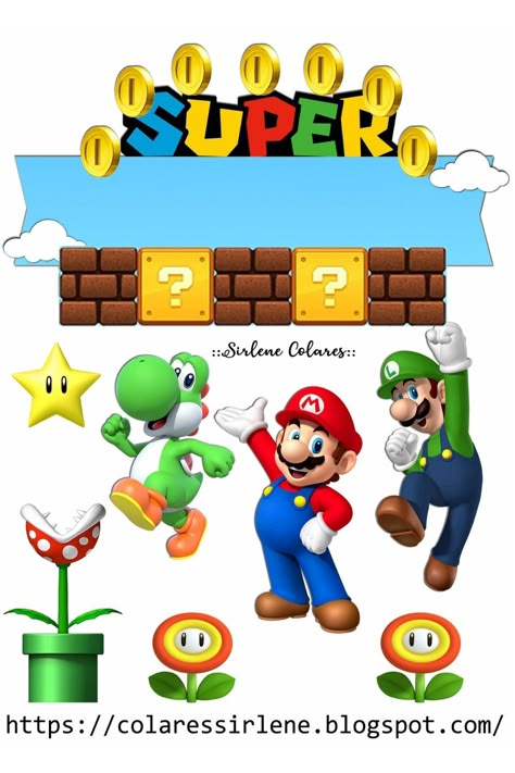 banner fundo jogo com coins e bloquetes, Mario Bros, Luigi e Yoshi Bolo Mario Bros, Baby Unicorn Party, Mario Cake Topper, Super Mario Bros Party Ideas, Mario Bros Cake, Super Mario Cake, Super Mario Bros Birthday Party, Super Mario Bros Party, Unicorn Birthday Outfit