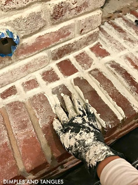 MORTAR WASH BRICK FIREPLACE MAKEOVER | Dimples and Tangles Mortar Wash Brick Fireplace, Mortar Wash Brick, Wash Brick Fireplace, White Wash Brick Exterior, Mortar Wash, White Wash Brick Fireplace, Fireplace Brick, Dimples And Tangles, Painted Concrete Steps