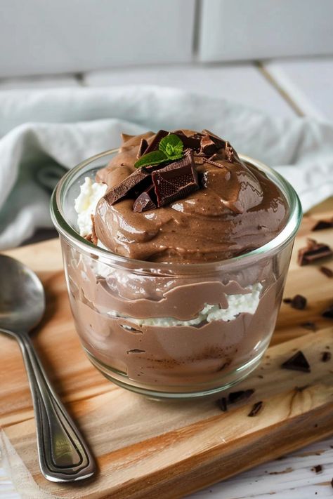 Indulge in the decadent goodness of this creamy Cottage Cheese Dark Chocolate Mousse! This easy-to-make recipe combines the rich flavors of dark chocolate with the lightness of cottage cheese, creating a luscious dessert that will satisfy your sweet cravings. Whether you're looking for a healthier treat or just love the combination of chocolate and cheese, this mousse is sure to become a favorite.  Ingredients 1 cup cottage cheese 1/3 cup cocoa powder (or cacao powder) 1/4 cup powdered sugar or Cottage Cheese Desserts Chocolate, Cottage Cheese And Cocoa Powder, Cottage Cheese Chocolate Moose, Cottage Cheese Desserts Easy, Chocolate Cottage Cheese Cheesecake, Cottage Cheese Cocoa Powder, Chocolate Cottage Cheese Mousse, Cottage Cheese Mousse Recipe, Cottage Cheese Chocolate Mousse