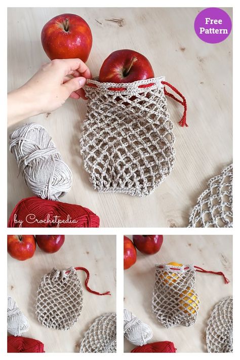 8 Reusable Produce Bag Crochet Patterns Crochet Produce Bag, Backpack Crochet, Bag Free Crochet Pattern, Deer Blanket, Pouch Crochet, Vegetable Bag, Fruit Bag, Reusable Produce Bags, Crochet Pouch