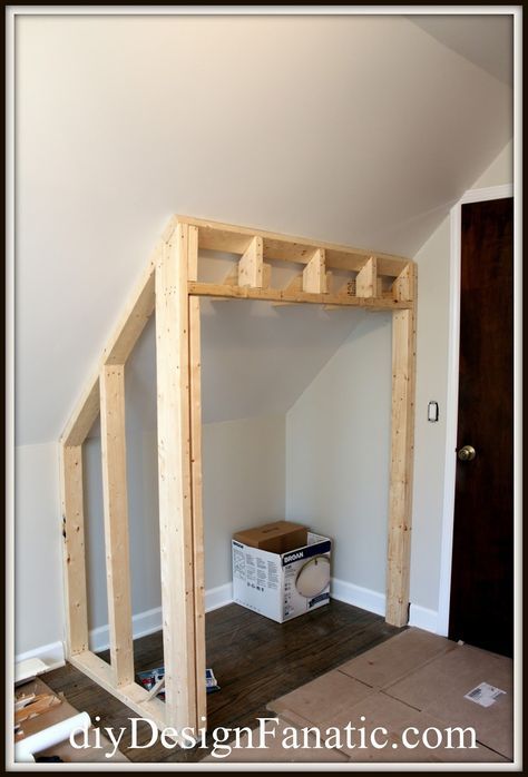 diy Design Fanatic: STEALING FLOOR SPACE TO BUILD A CLOSET Sloping Roof Storage, Closet Ideas For Attic Bedroom, Frame A Closet Diy, Built In Attic Closet, Closet In Bonus Room, Closet Frame Ideas, Attic Entertainment Room Ideas, Adding Closet To Bonus Room, Attic Turned Into Closet