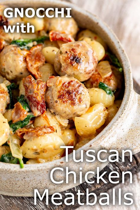 This Tuscan Chicken Meatballs with Gnocchi is a cozy and hearty recipe that can be made in the slow cooker or on the stovetop. Succulent chicken meatballs seasoned with Italian herbs, sun-dried tomatoes, and garlic, bathed in a rich Tuscan-inspired creamy sauce, all mingling with pillowy-soft gnocchi. It's the kind of dish that makes you want to throw on your favorite sweater, grab a bowl, and curl up on the couch. This chicken meatball recipe is easy to make and uses easy-to-find ingredients. Healthy Elizabeth, Chicken Meatball Recipe, Meatball Seasoning, Ground Chicken Meatballs, Slow Cooker Pasta Recipes, Chicken Meatball, Meatball Dinner, Chicken Meatball Recipes, Fancy Dinner Recipes