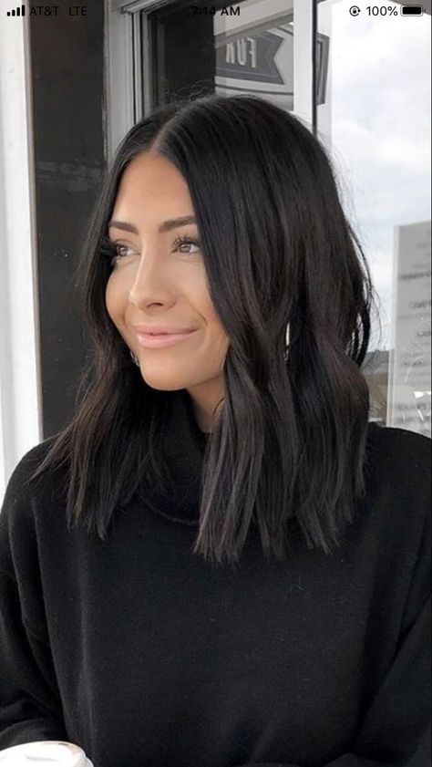 Black Hair On Brunettes, Dark Straight Medium Length Hair, Wedding Hair Styles Mid Length, Cool Brown Black Hair, Dark Midlength Hairstyles, Dark Hair For Brown Eyes, Medium Length Hair Styles Dark Hair, Dark Brown Almost Black Medium Length Hair, Tia Booth Hair Short