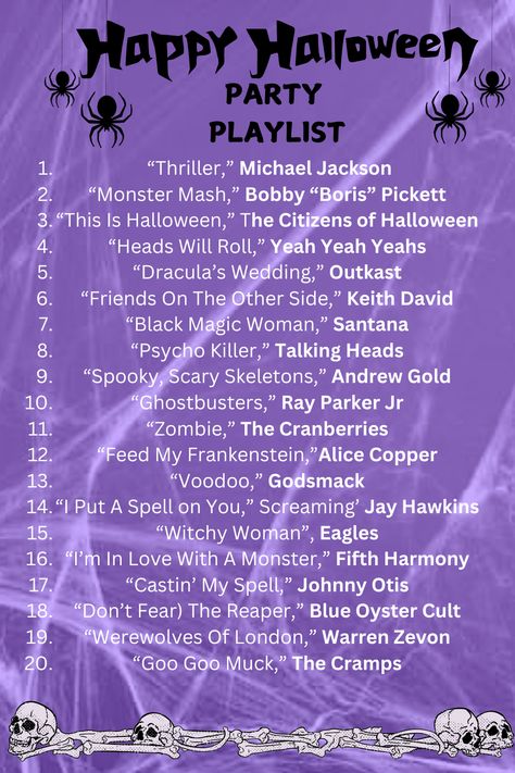 Spooky Music, Halloween Playlist For Your Next Party, Top Halloween Songs, Best Halloween Playlist Spotify Playlist Covers Aesthetic Halloween, Clean Party Songs, Halloween Song Playlist, Spooky Playlist Names, Halloween Party Itinerary, Halloween Program Ideas, Halloween Playlist Ideas, Halloween Songs Playlists, 2000s Halloween Party