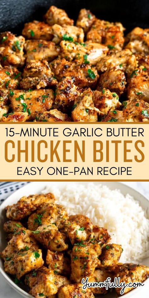 These bite-size succulent chicken breast morsels are seasoned, seared to perfection, and bathed in the most fragrant garlic butter. This effortless one-pan meal is perfect for those busy nights and good enough for entertaining. You can serve them as an entree or appetizer. Pan Seared Chicken Breast Recipes, Pan Cooked Chicken, Garlic Butter Chicken Bites, Butter Chicken Bites, Breaded Chicken Recipes, Chicken Crockpot Recipes Healthy, Pan Seared Chicken Breast, Delicious Dips Recipes, Pork Dinner