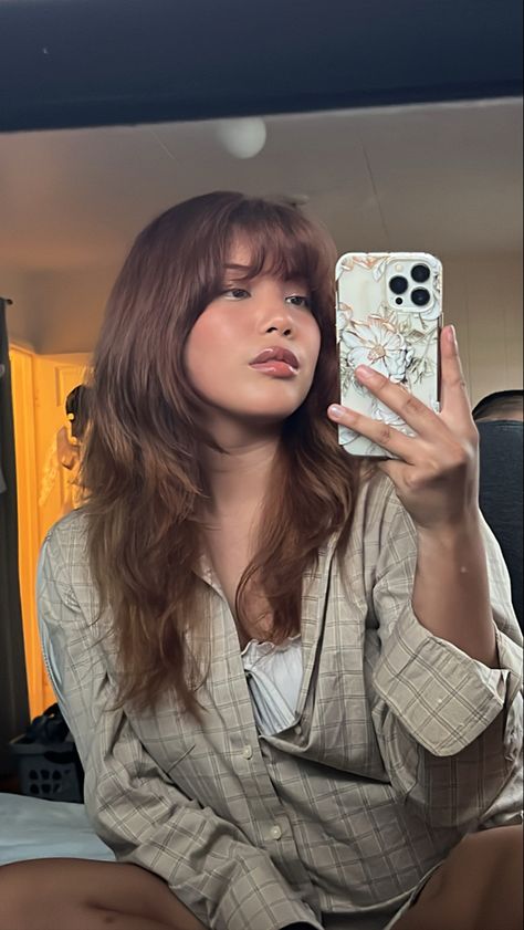 Girl posing in front of mirror. She is showing her Light brown hair color with her D.I.Y. haircut of layers and bangs Butterfly Haircut With Full Bangs, Wolfcut Face Framing, Light Brown Wolfcut, Summer Light Brown Hair, Light Brown Wolf Cut, Butterfly Haircut Bangs, Wolf Cut Balayage, Light Brown Hair With Layers, Butterfly Haircut Wavy Hair