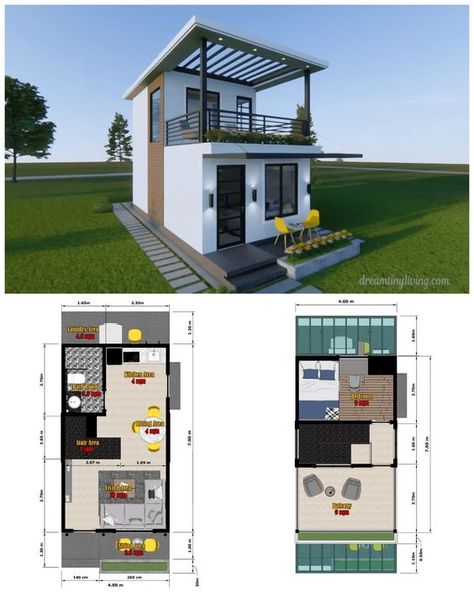 Welcome to this remarkable small house. With its compact size of 4 x 7 meters and two storeys, this house offers a clever use of space and a total floor area of 55sqm. Tiny Two Story House Plans, 30sqm House Design 2 Storey, Two Story Small House, Small Two Story House Design, Two Storey Small House Design, Two Storey Tiny House, Compound House, Small House Blueprints, Tiny House Family