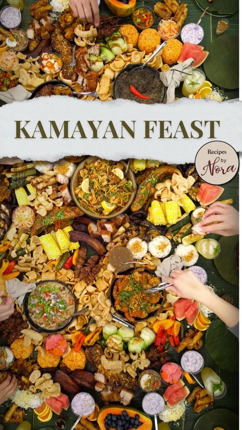 Kamayan Food Ideas, Kamayan Feast, Banana Spring Rolls, Fried Pork Belly, Cassava Cake, Pork Skewers, Adobo Chicken, Barbecue Pork, Watermelon Slices