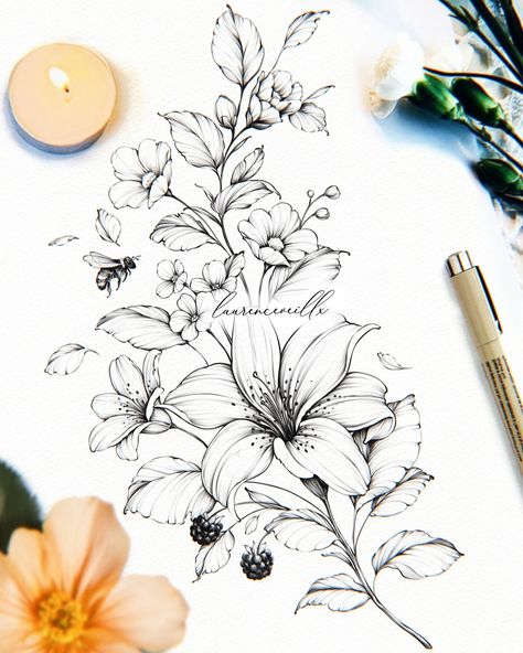 Bee Floral Tattoo, Floral Tattoo Drawing, Botanisches Tattoo, Tropical Tattoo, Lilies Drawing, Bouquet Tattoo, Tattoo Zeichnungen, Meaningful Tattoos For Women, Drawing Stencils