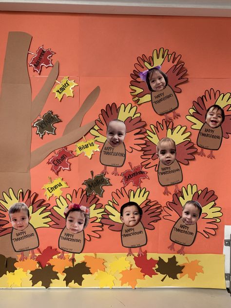 Thanks Giving Classroom Decorations, Thanksgiving Decorations For Daycare, Fall Construction Paper Decorations, November Daycare Door Ideas, Turkey Cubby Tags, Thankful Board For Classroom, Thanksgiving Bulletin Board Ideas Infant, Thanksgiving Decorations Preschool, Fall Wall For Classroom