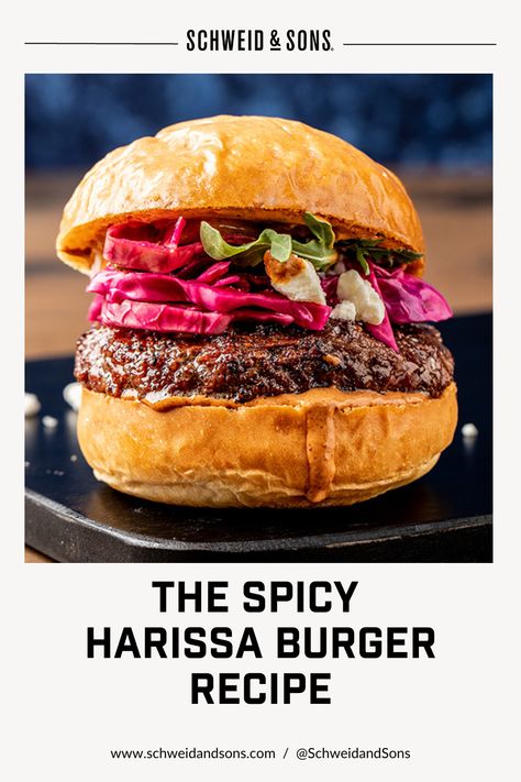 This delectable creation features a juicy, perfectly cooked Burger with a Harissa mayo infused with North African spices. Harissa Mayo, African Spices, Mayo Recipe, Burger Patty, Harissa Paste, Pickled Cabbage, Burger Recipe, Red Cabbage, Pan Seared