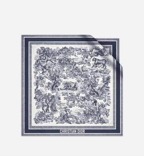 Toile de Jouy Sauvage Square Scarf Ivory and Navy Blue Silk Twill | DIOR Designer Silk Scarves, Blue Toile, Couture Mode, Christian Dior Couture, Gray Silk, Dior Couture, Scarf Design, Silk Twill, Blue Silk