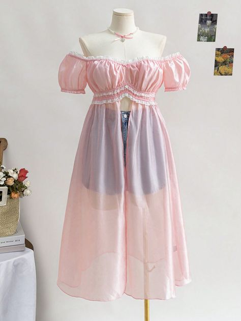 Plus-Size Women's Vacation, Graduation Season, Back-To-School Party, Lunch Back To School Clothes, Fall Clothes, Vacation Wear, Babydoll Top, Pink Organza One-Shoulder Puff Sleeves, Elegant, Casual, Sweet, Cute And Romantic Long Shirt Baby Pink Casual  Short Sleeve Woven Fabric Colorblock Peplum Non-Stretch  Women Plus Clothing, size features are:Bust: ,Length: ,Sleeve Length: Pale Pink Clothes, Pink Loungewear Aesthetic, Pink Cottage Core Outfit, Pink Lolíta Dress, Pink Flowy Sundress, Cute Pink Shirts, Pink Cottagecore Dress, Pink Off Shoulder Top, Flowy Outfits