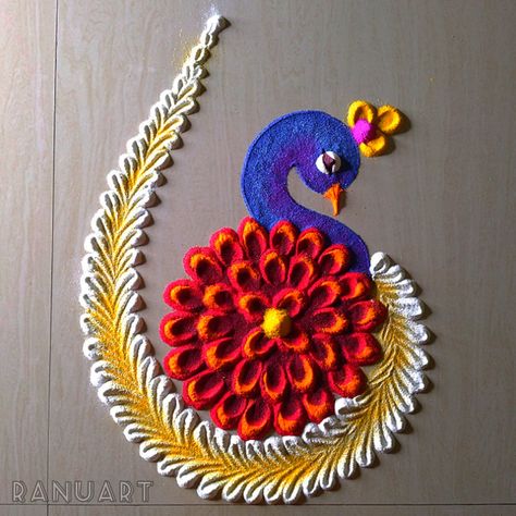 Peacock Small Rangoli, Rangoli With Peacock, Rangoli Designs Of Ganesha, Small Rangoli Ideas For Diwali, Rangoli Best Designs, Rangoli Designs Ideas Diwali, How To Make Rangoli Design, Rangoli Designs Videos Diwali, Small Peacock Rangoli