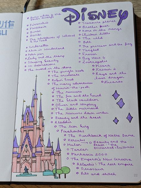 Journal / bullet journal / scrapbook page, Disney classics, Disney watchlist, Disney movies, Disney films Disney Smash Book, Disney Journal Pages, Watchlist Journal, Page Ideas For Journal, Disney Journal Ideas, Disney Watchlist, Netflix Journal, Bullet Journal Films, Disney Travel Journal