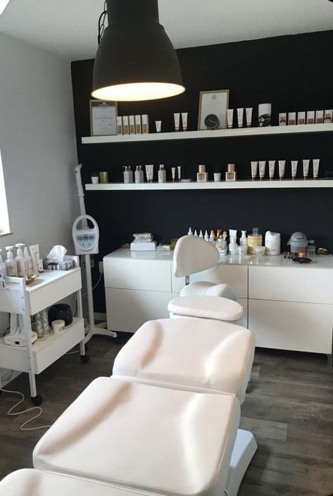 Beautition Salon, Facial Machine Salon Equipment, Graduate Esthetician School, Dream Esthetician Room, Spa Decor Ideas Estheticians Luxe, Esthetician Room Decor Modern, Black Accent Wall Lash Room, Pmu Work Station, Esthetician Shelves