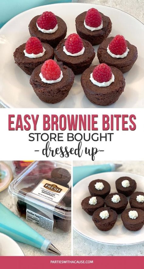 Brownie bites are a crowd favorite. Now you can dress up store bought treats to save time and have a wonderful presentation! Get my list of favorite brownie bite store brands. You can also make brownie bites from mix boxes or your favorite brownie bite recipe of course. Whatever your time frame allows. PartiesWithACause.com #browniebites #bridalshowerfood #prettyfood Tuxedo Brownies Pampered Chef, Mini Brownie Christmas Treats, Brownie Appetizers, Store Bought Dessert Table, Brownie Treat Ideas, Brownie Bites Dessert Table, Best Store Bought Dessert, Fancy Brownies Pretty, Brownie Bits Ideas