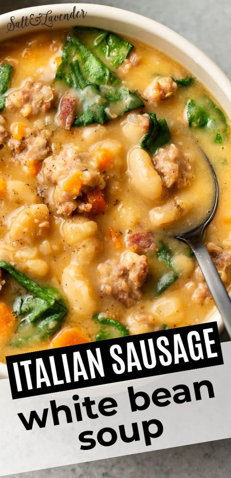 Dinner Recipes Fall Healthy, Low Triglyceride Diet Recipes, Heathly Soup, Italian Sausage White Bean Soup, Rainy Day Dinner Ideas, Salad Station, Sausage White Bean, Instapot Meals, Sausage Soup Recipes