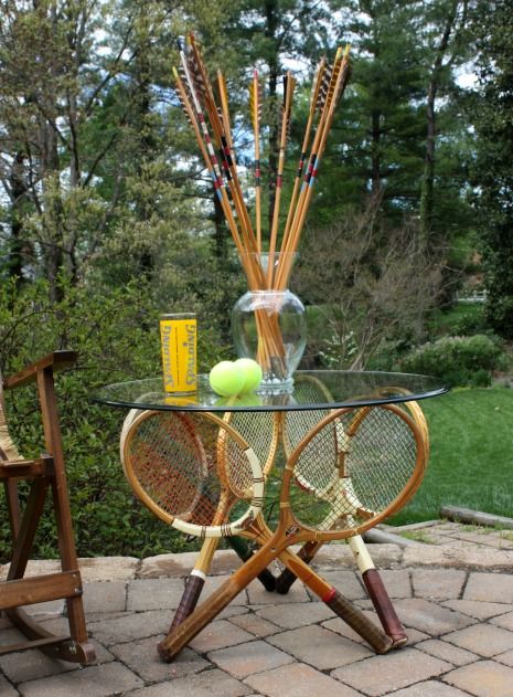 The Power Tool Challenge Team is back to share projects made with power tools.  Our goal is to encourage ladies to get in the workshop and to use power tools.  This month our theme is repurposed and I am excited to share how I used vintage tennis rackets to make a table base.   I … Vintage Tennis Racket Decor, Tennis Racquet Decor, Tennis Decorations, Tennis Decor, Tennis Crafts, Vintage Tennis Racket, Tennis Party, Tennis Table, Tennis Tips