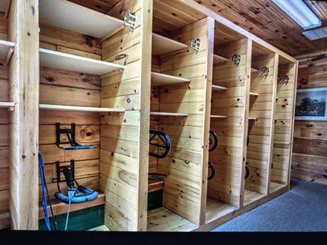 Great idea for a tack locker setup. Just add doors Tack Room Lockers, Tack Organization, Barn Organization, Equestrian Training, Tack Locker, Tack Room Organization, Horse Tack Rooms, Equestrian Barns, Tack Box