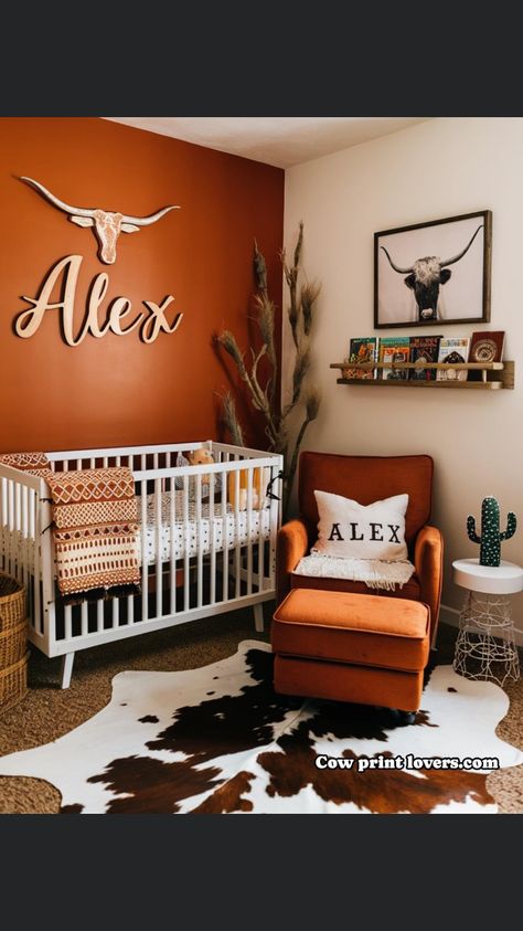 Rust Nursery Ideas, Western Nursery Paint Colors, Western Nursery Ideas Boy, Country Boho Nursery, Small Boy Nursery Ideas, Baby Rooms Boys, Country Nursery Baby Boy, Cow Print Nursery Ideas, Baby Girl Nursery Western