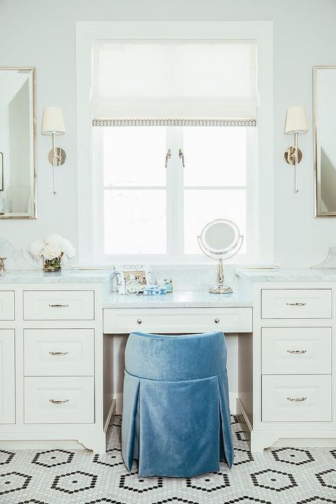 Makeup Vanity Under Window, Roman Shades Bathroom, Grey Striped Wallpaper, Mini Chandeliers, Vanity Nook, Melanie Turner Interiors, Transitional Closet, Blue Velvet Skirt, Custom Closet Design