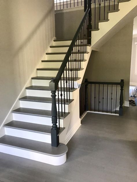 Grey Painted Stairs, Refinish Stairs, Teal House, Stairs Colours, Stair Renovation, Gray Stairs, Painted Staircases, Grey Hardwood, Black Stairs